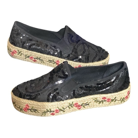 Sequin Floral Embroidered Espadrille Slip-On Black Size 41 US Size 9.5 - Picture 1 of 6